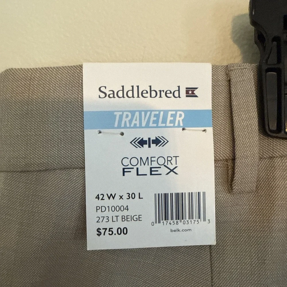 Saddlebred Dress Pants Mens 42x30 Beige Traveler Comfort Flex Straight Fit